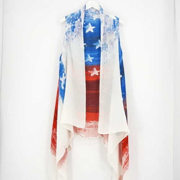 NEW USA American Flag Stars Long Kimono Vest Cover Up - Picture 11 of 12